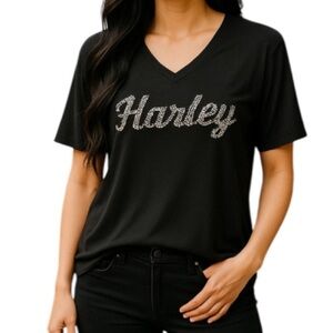 HARLEY-DAVIDSON Logo Rhinestone Embellished T-Shirt Red Rock PEI Black V-Neck L